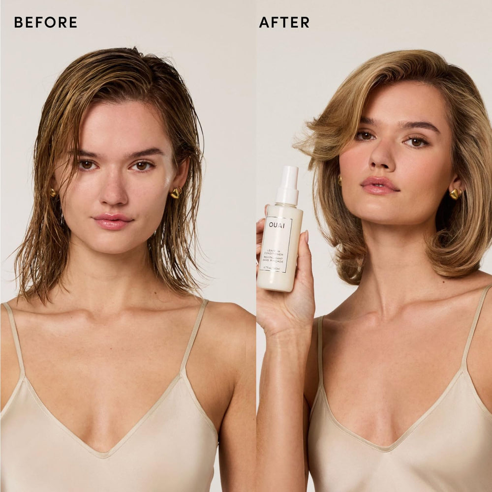 OUAI spray on hair showcasing smooth texture and immediate detangling benefit