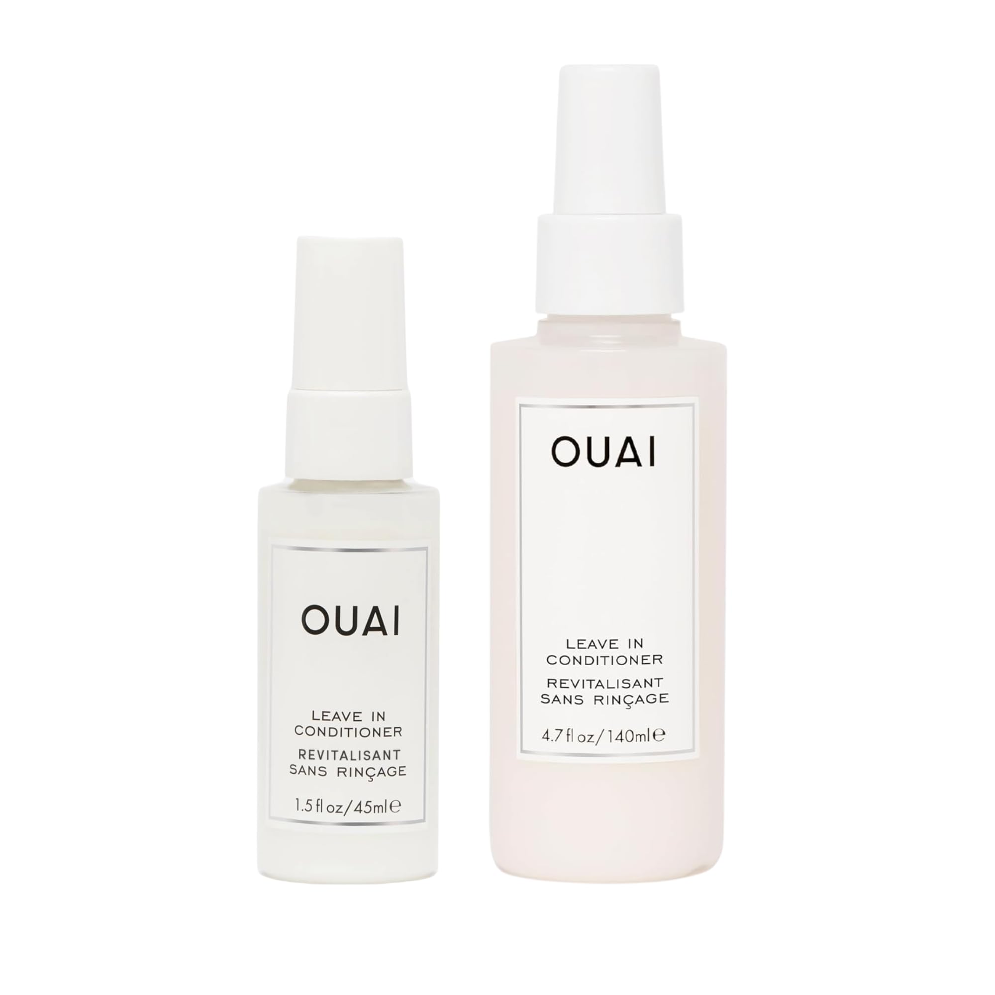 OUAI full-size leave in conditioner front view showing pump and packaging, for effortless detangling