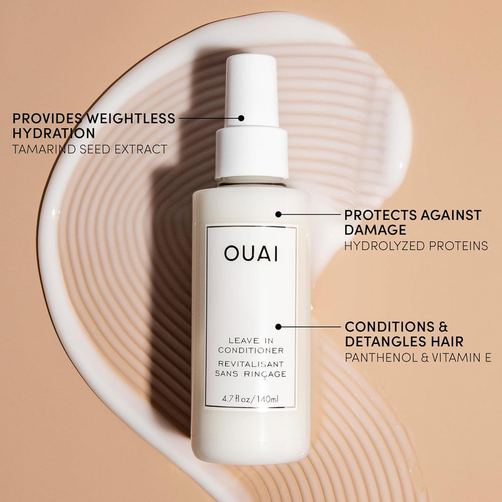 OUAI product label close-up with ingredient names visible, emphasizing amino acids and vitamin E