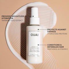OUAI product label close-up with ingredient names visible, emphasizing amino acids and vitamin E