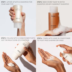 OUAI before-and-after styling comparison showing frizz control and smoother finish after use