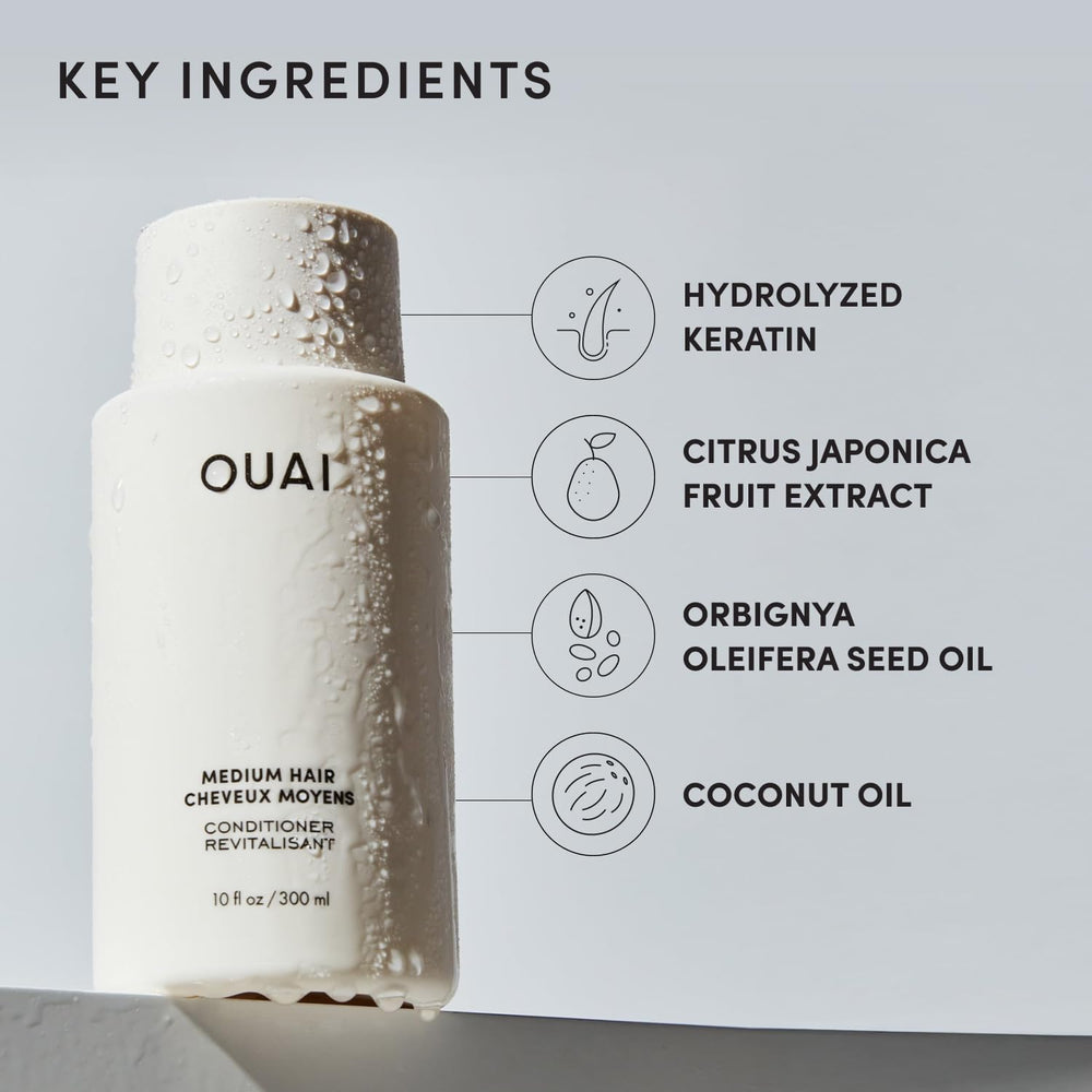 OUAI medium conditioner next to a ruler showing 10 oz scale for accurate size reference