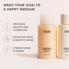 OUAI conditioner bottle closeup showing ingredient callouts and nourishing benefit