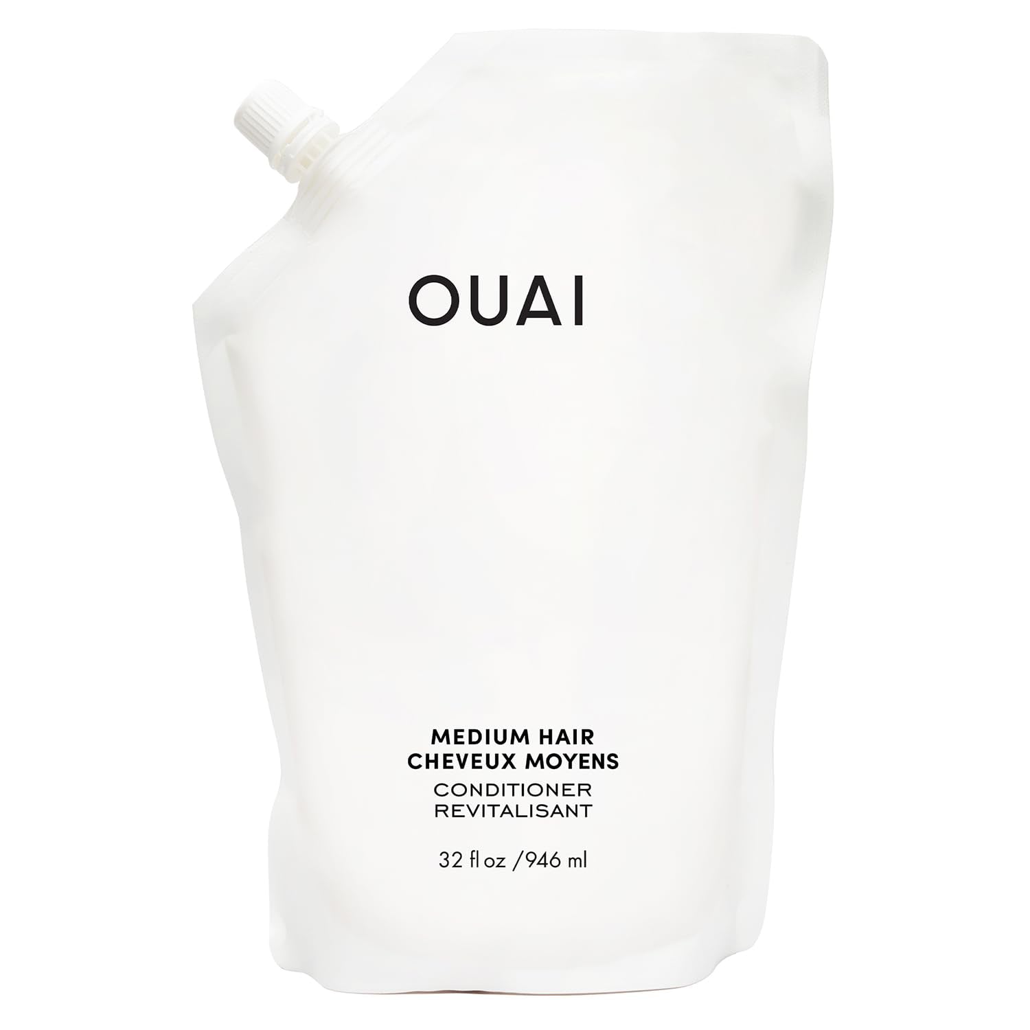 OUAI refill pouch front view showing product branding and size, promotes sustainability