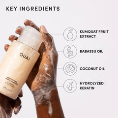 OUAI medium shampoo in-shower use demonstrating frizz control and hydration