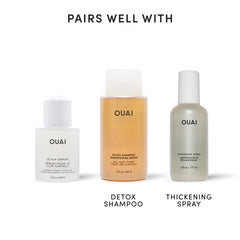 OUAI scalp serum on bathroom shelf in lifestyle scene suggesting daily routine
