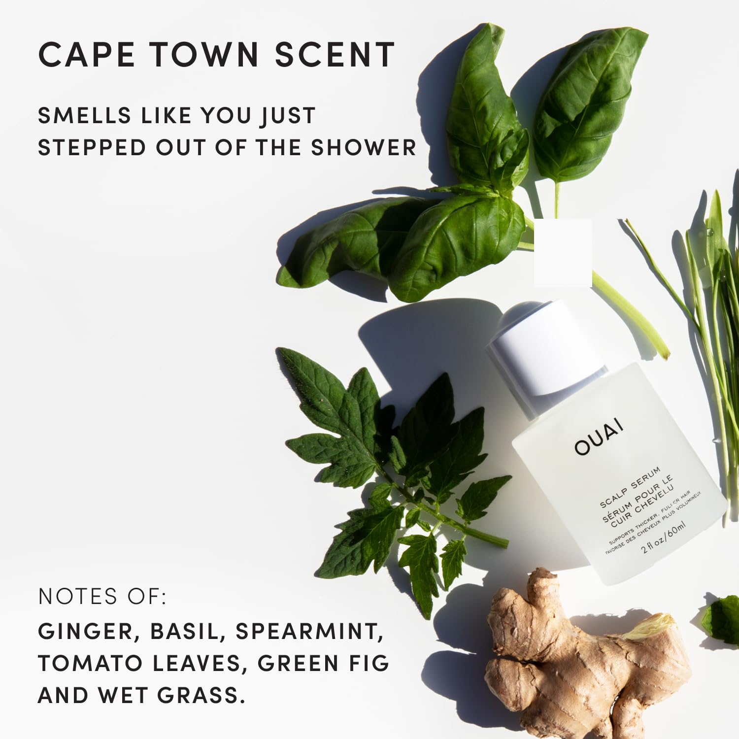 OUAI scalp serum size comparison next to common toiletries for scale
