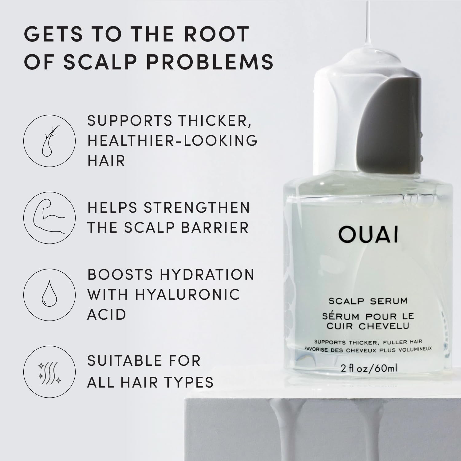 OUAI scalp serum texture closeup highlighting lightweight fast-absorbing feel