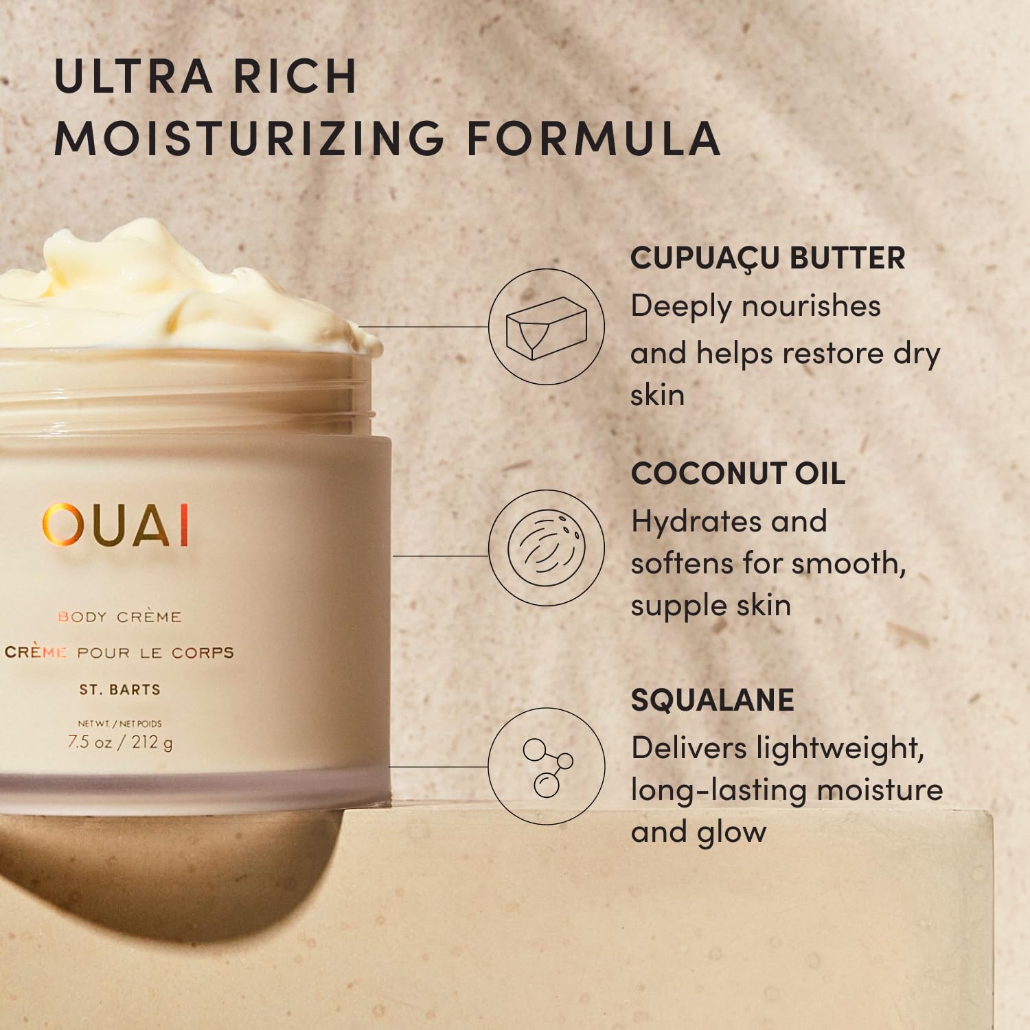 OUAI jar on bathroom vanity suggesting effortless daily moisturizing routine