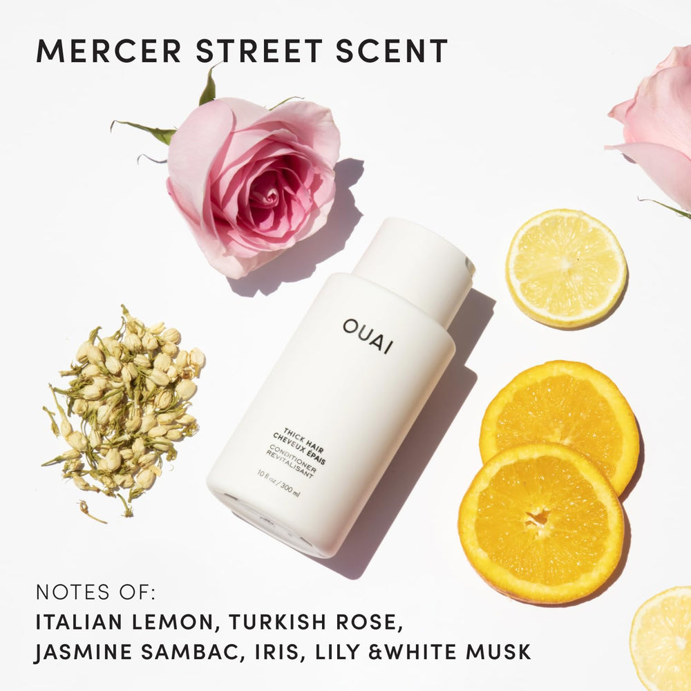 OUAI pouch back label close-up listing ingredients and benefits