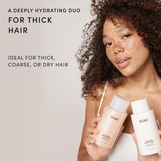 OUAI bottle label detail highlighting keratin and shea butter benefits