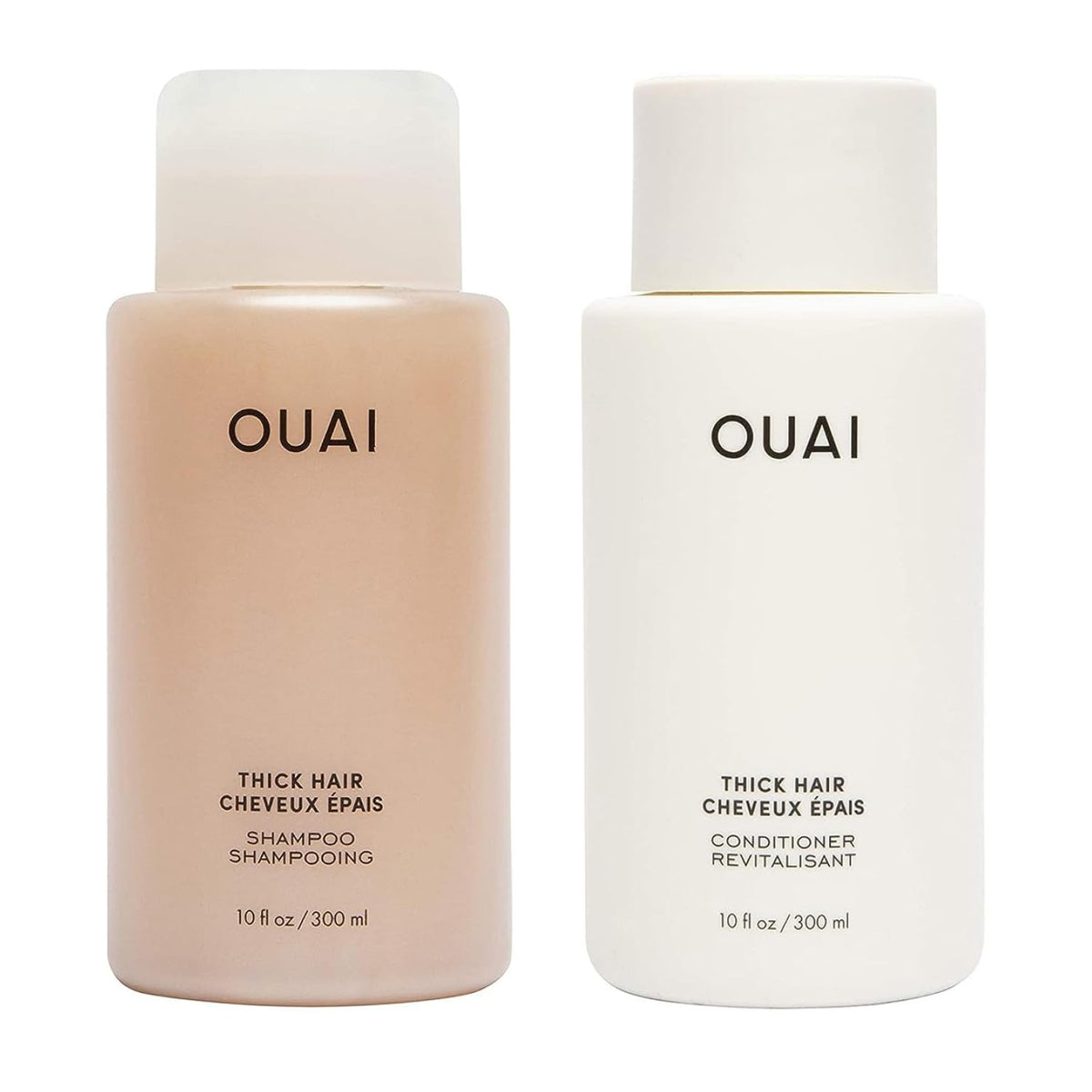 OUAI front packaging of shampoo and conditioner showing duo benefits