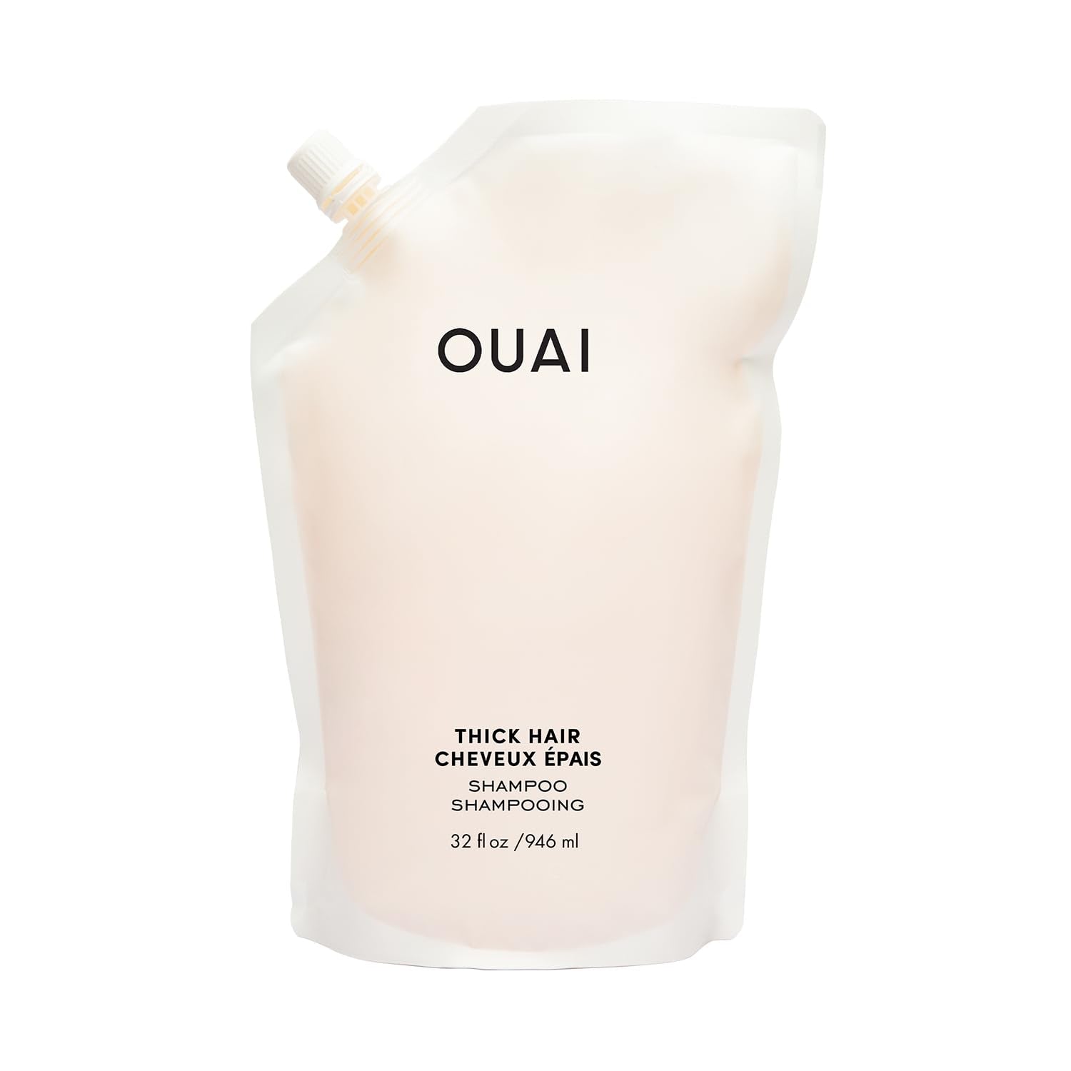 OUAI front packaging of thick shampoo shows 32 oz refill and benefits