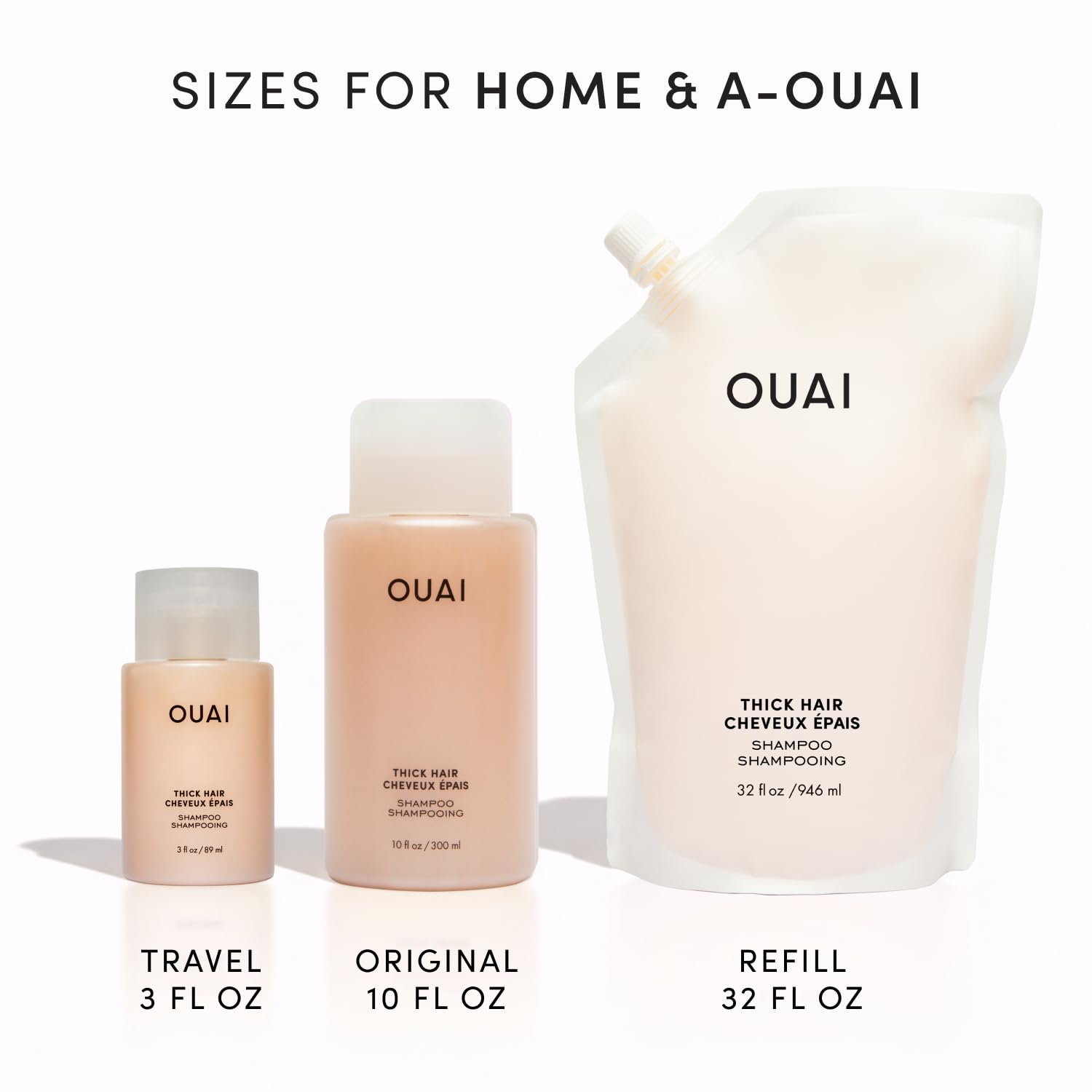 OUAI thick shampoo on shower shelf styled with towels for daily routine