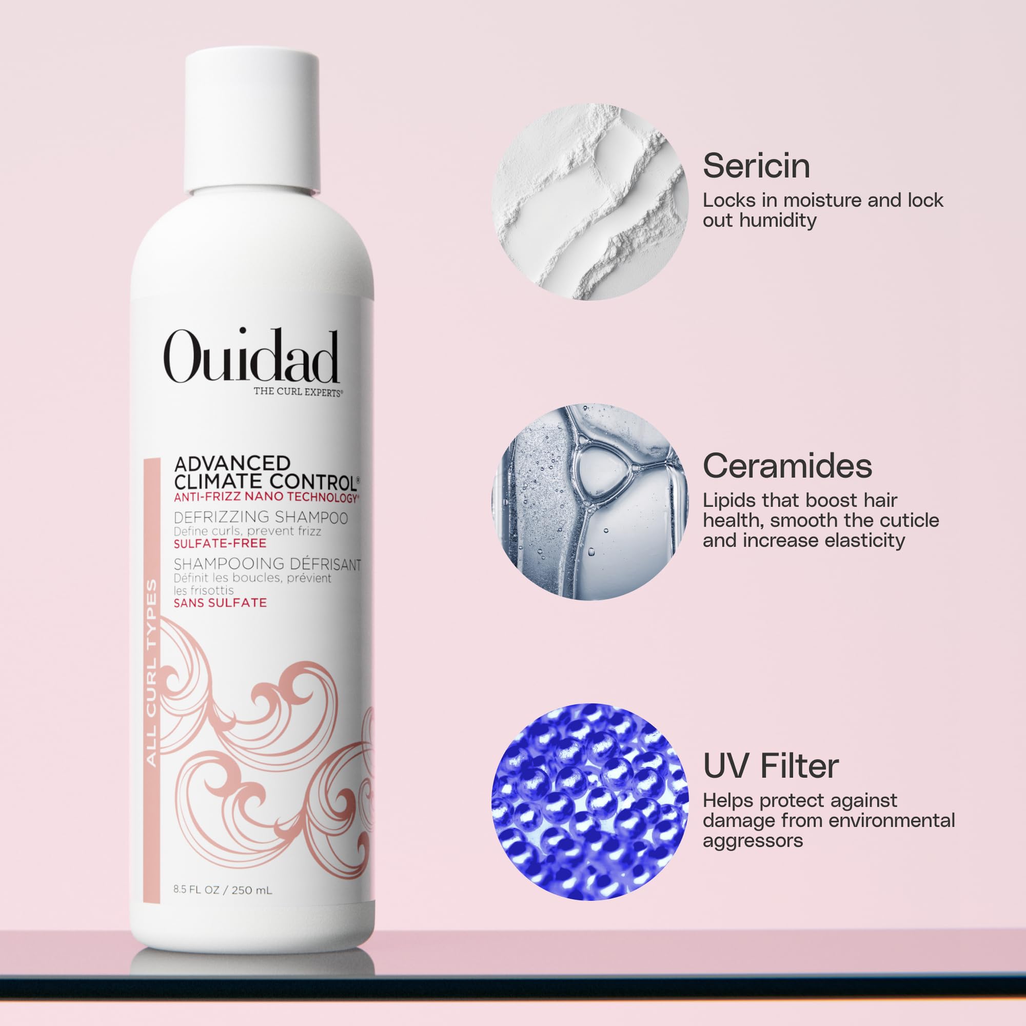 Ouidad label close-up highlighting ingredients and anti-frizz technology benefits