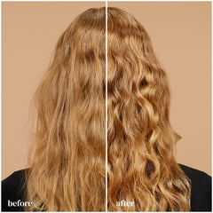 Ouidad curly hair before and after demonstrating reduced frizz and shine benefit
