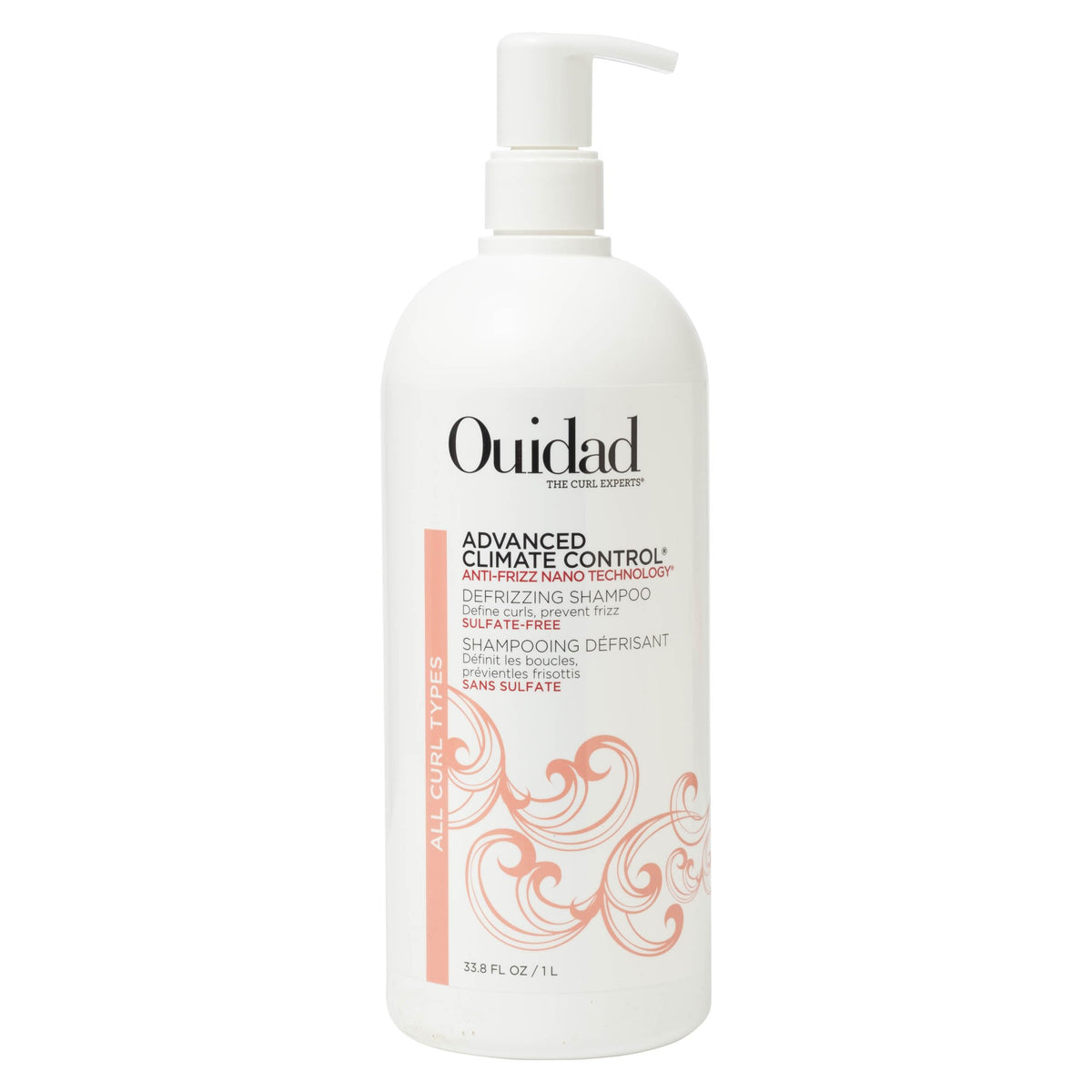 Ouidad front bottle 33.8 fl oz showing product and curl focus for longer use