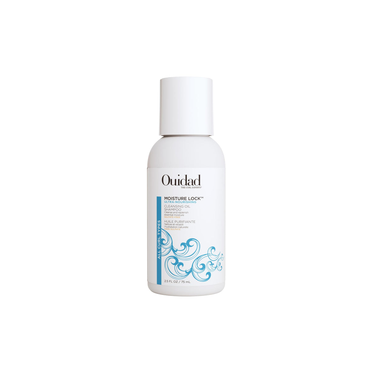 Ouidad front packaging showing Moisture Lock shampoo, clear hydration benefits