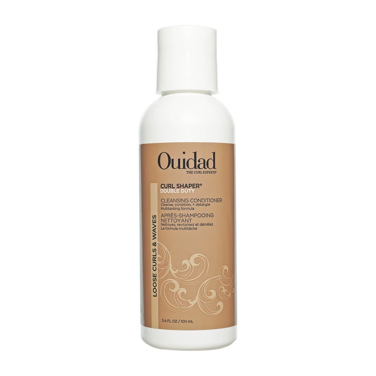 Ouidad travel bottle front view showing compact size and brand