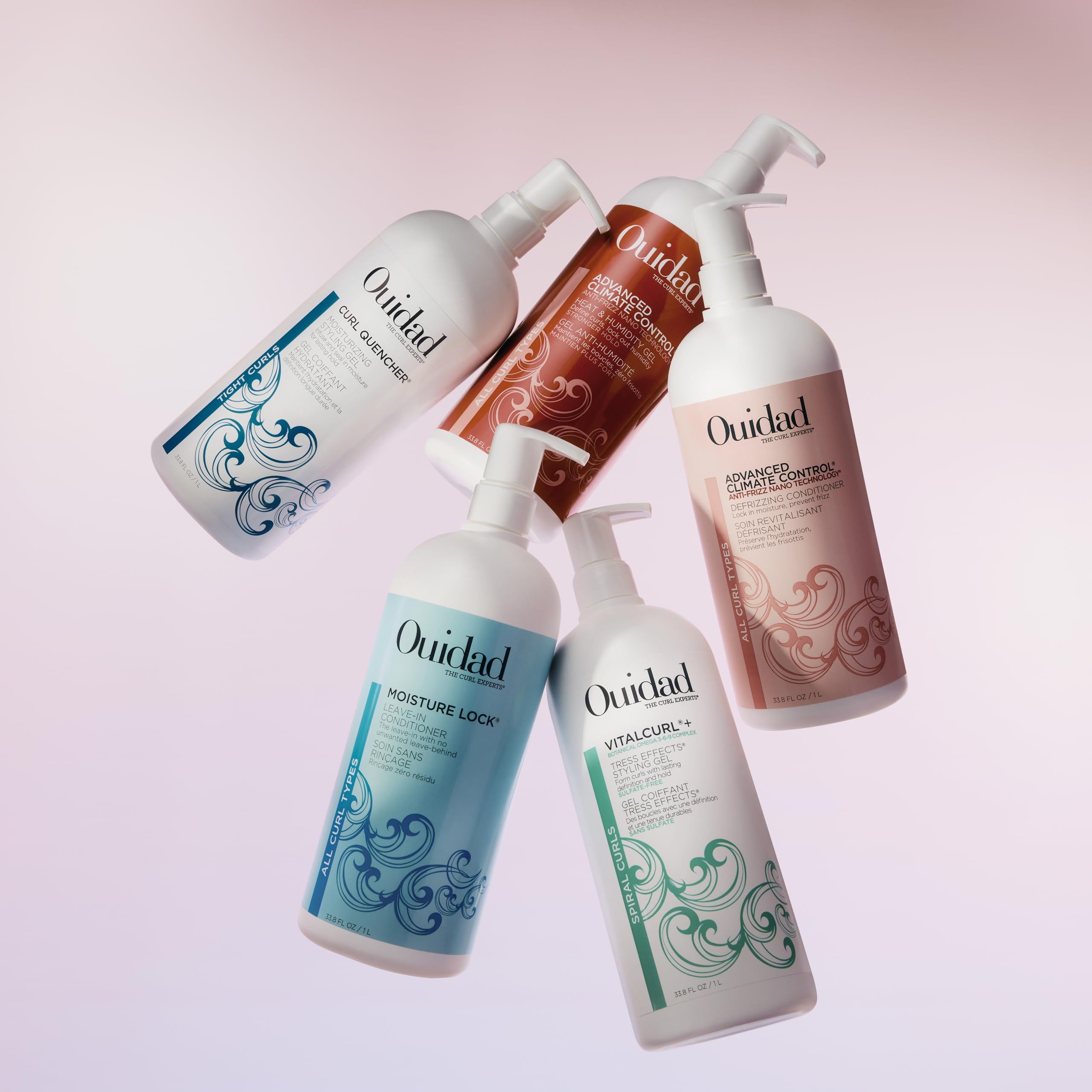 Ouidad bottle on bathroom shelf styled to show everyday use