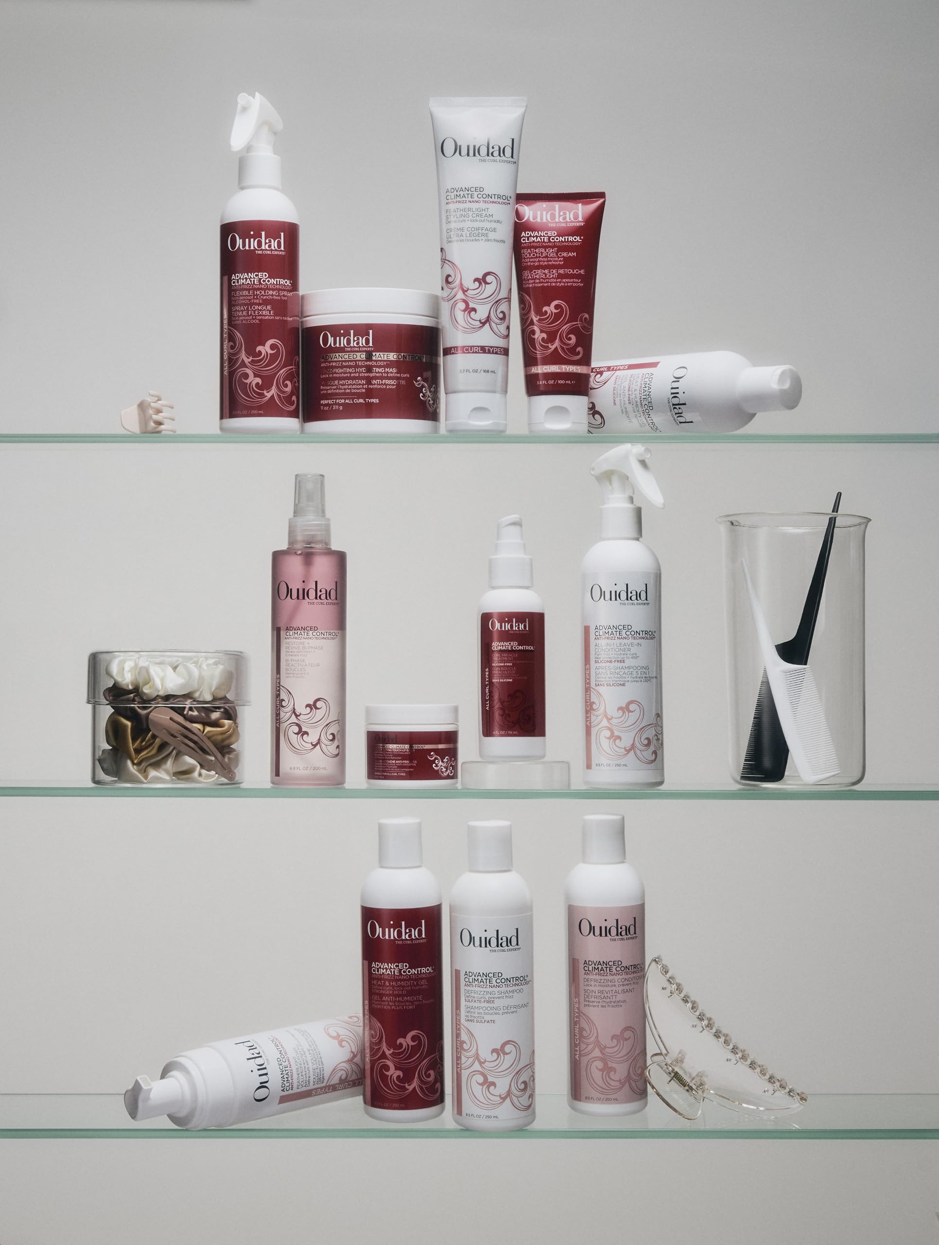Ouidad on bathroom shelf with styling tools, suggests routine-ready protection