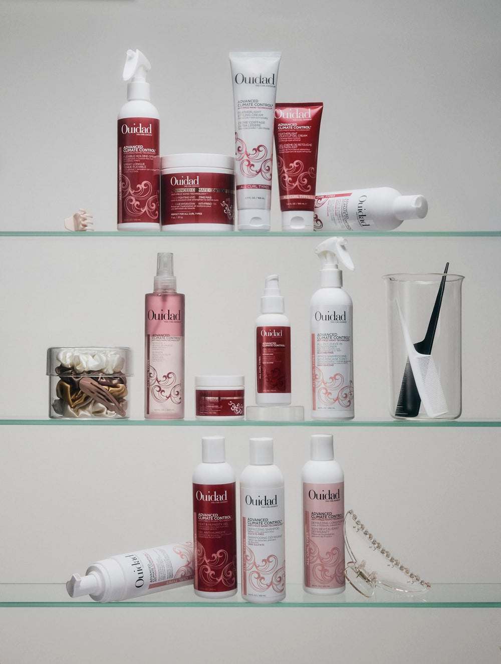 Ouidad on bathroom shelf with styling tools, suggests routine-ready protection