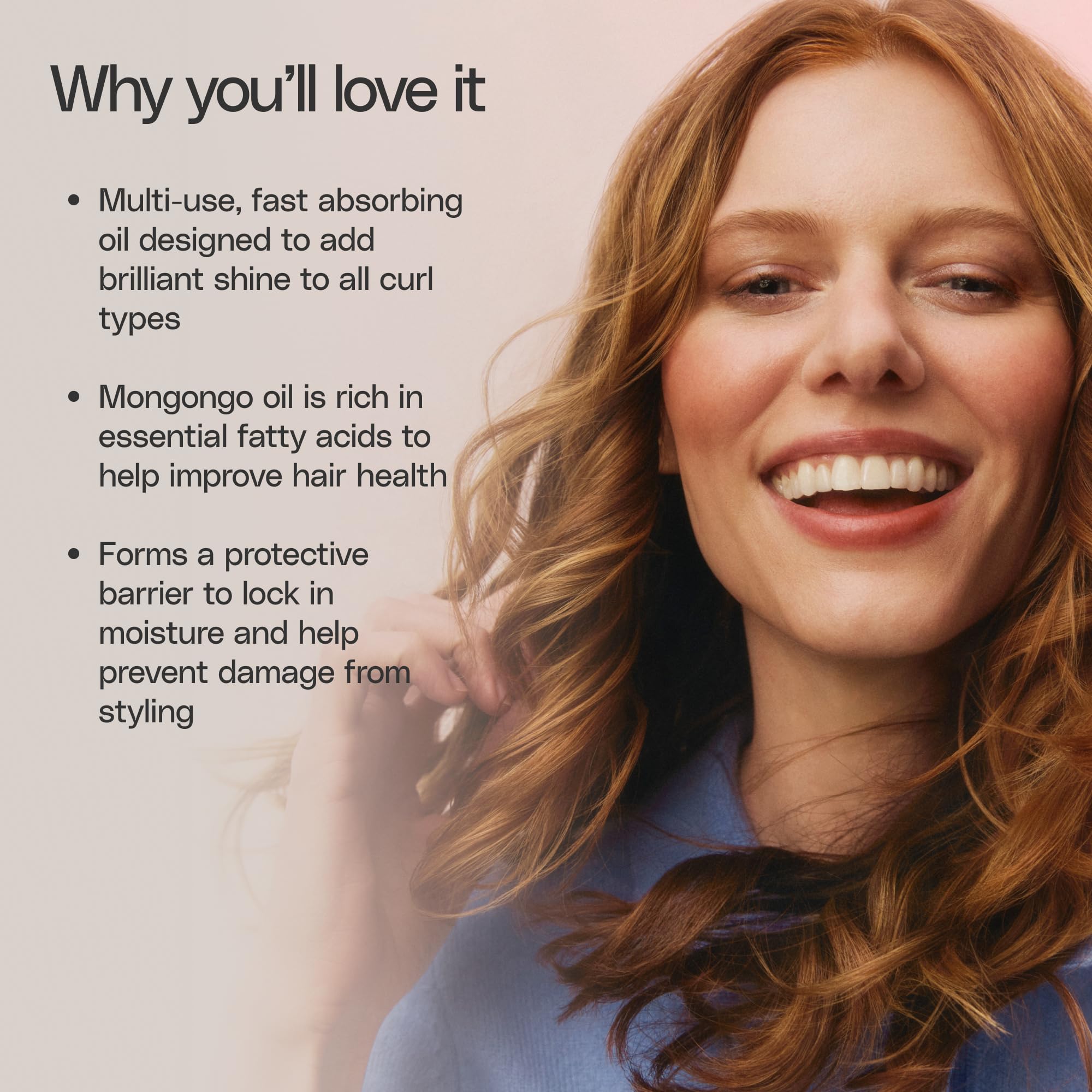 ouidad applied to curly hair, smooths frizz and adds visible shine