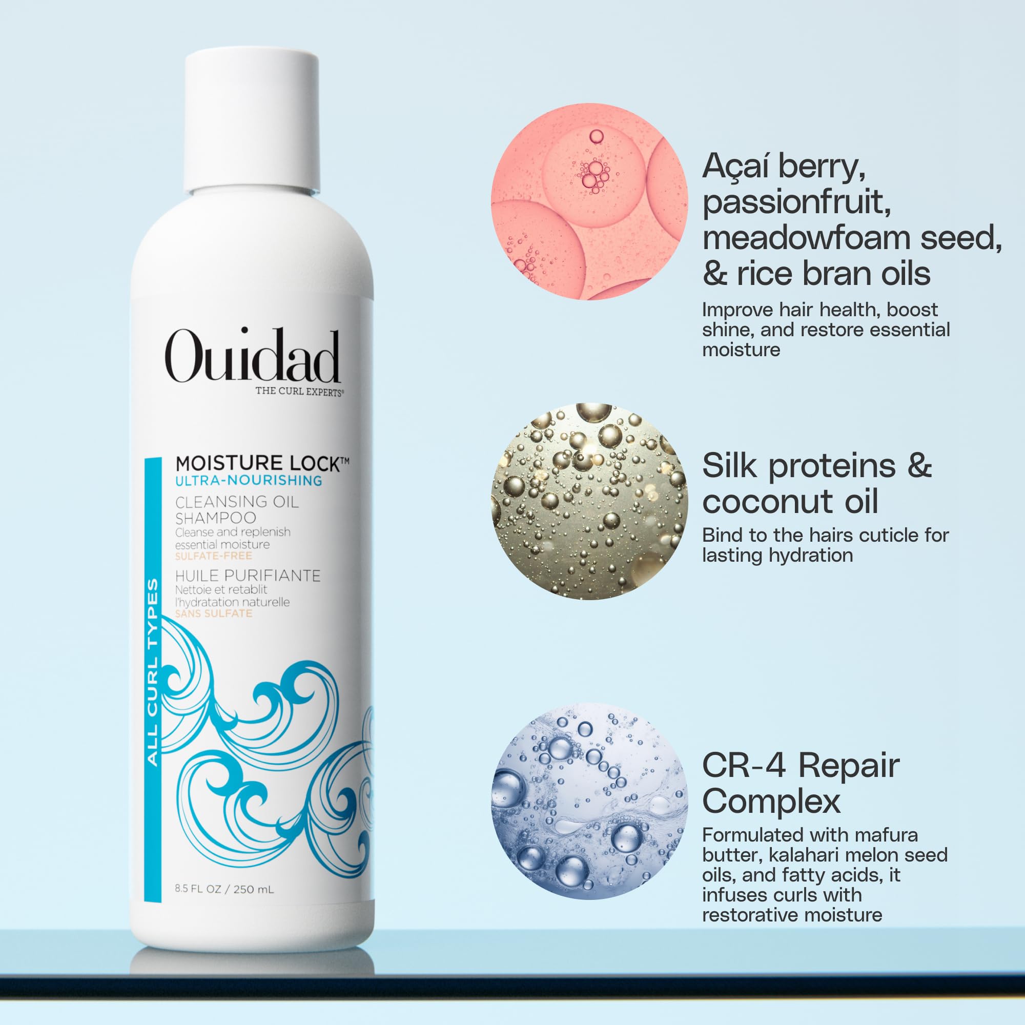 Ouidad pump dispenser detail highlighting convenient travel-sized 2.5 fl oz