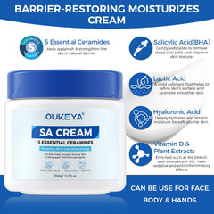 Applying OUKEYA cream on forearm to smooth rough, bumpy dry skin