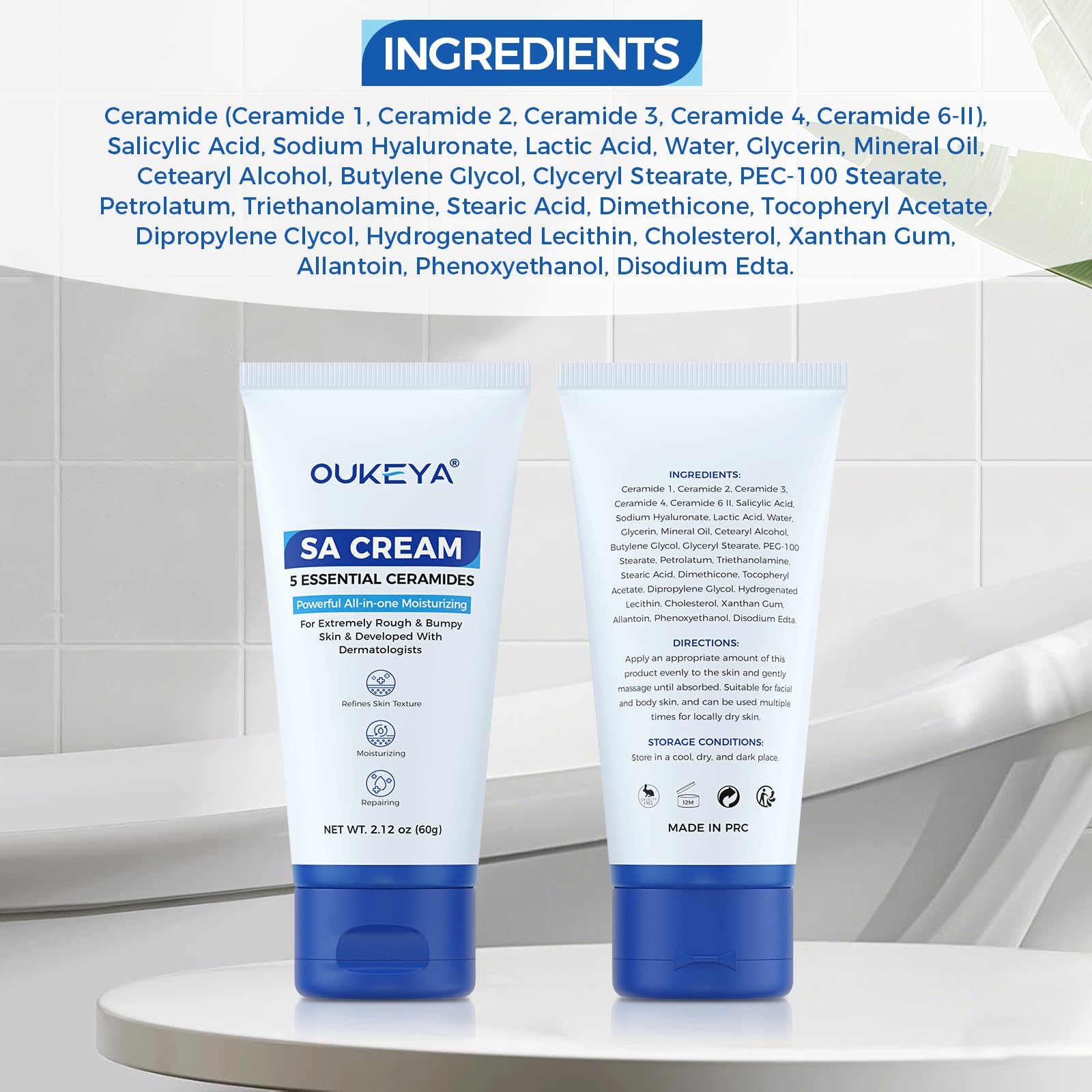 OUKEYA on bathroom shelf in everyday routine scene for easy incorporation benefit