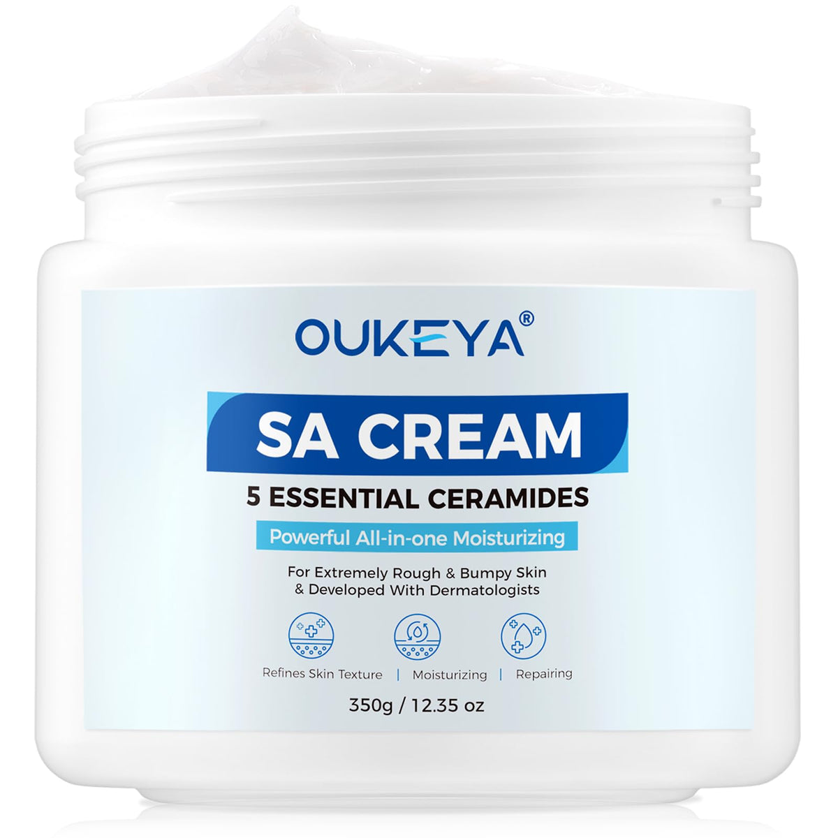 OUKEYA front packaging showing full 12.35 oz jar and clear labeling for benefits