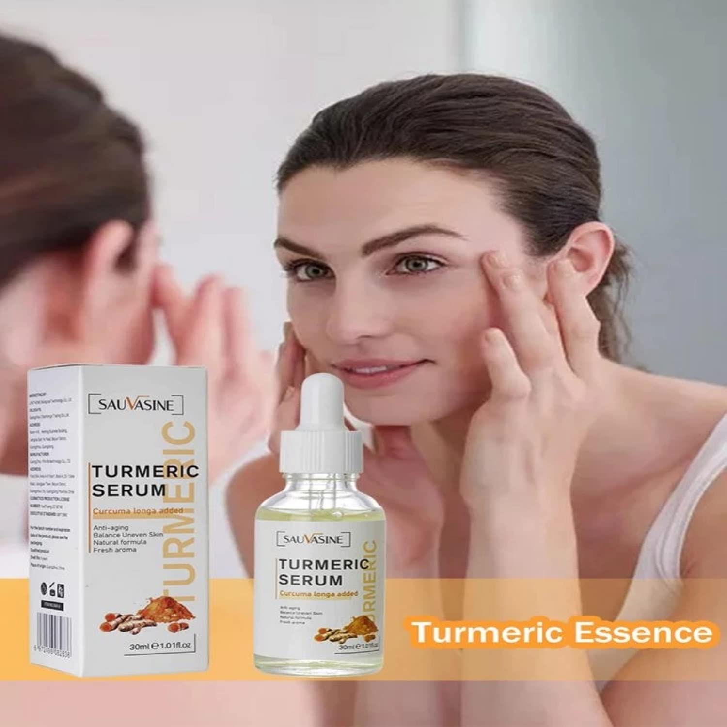 OUKPANE applying serum to cheek in mirror demonstrating even-tone benefit