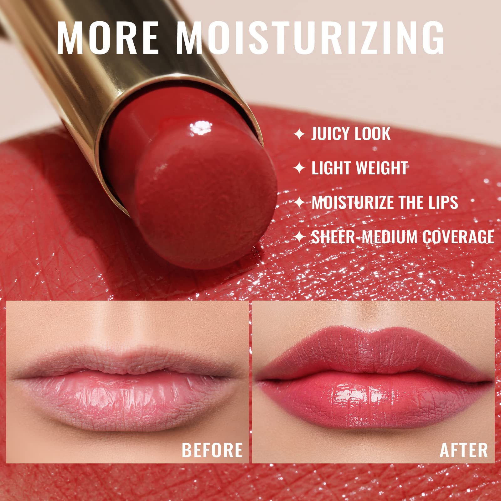Oulac apple red applied on lips demonstrating sheer-juicy finish and flattering color payoff