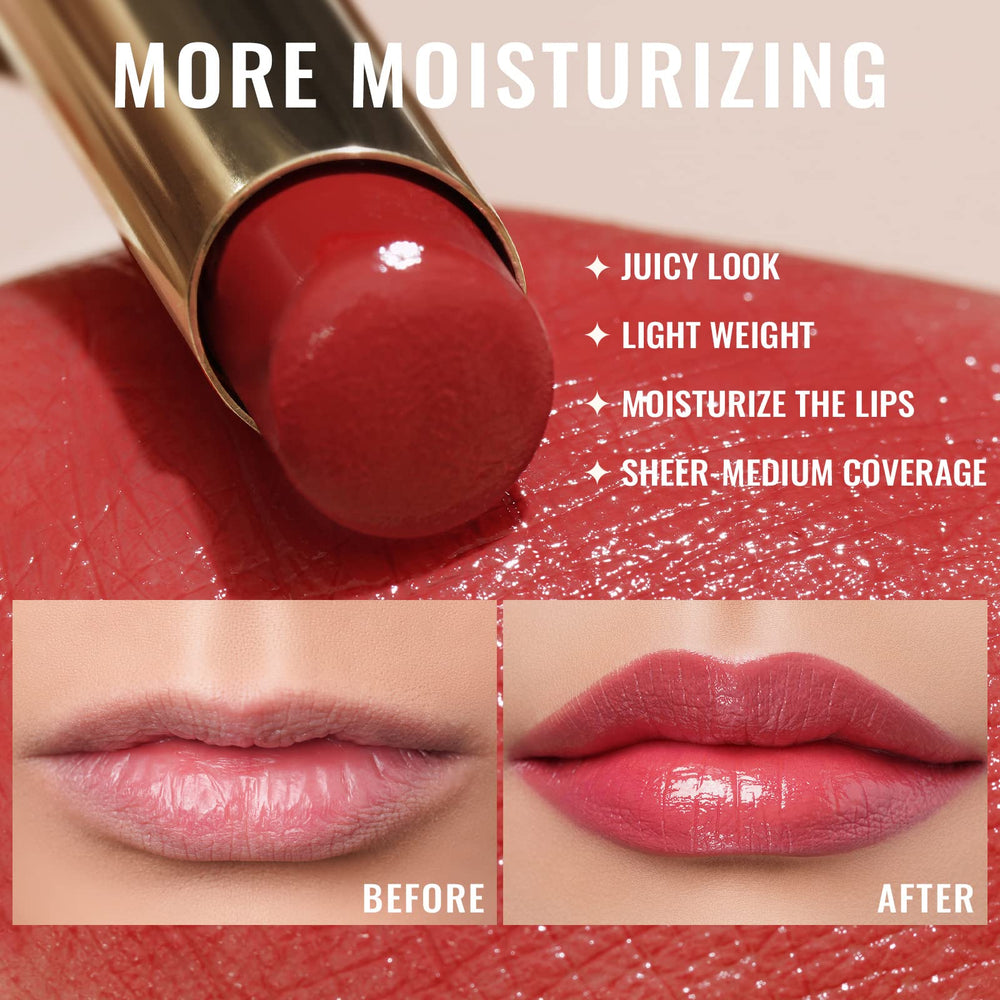 Oulac apple red applied on lips demonstrating sheer-juicy finish and flattering color payoff