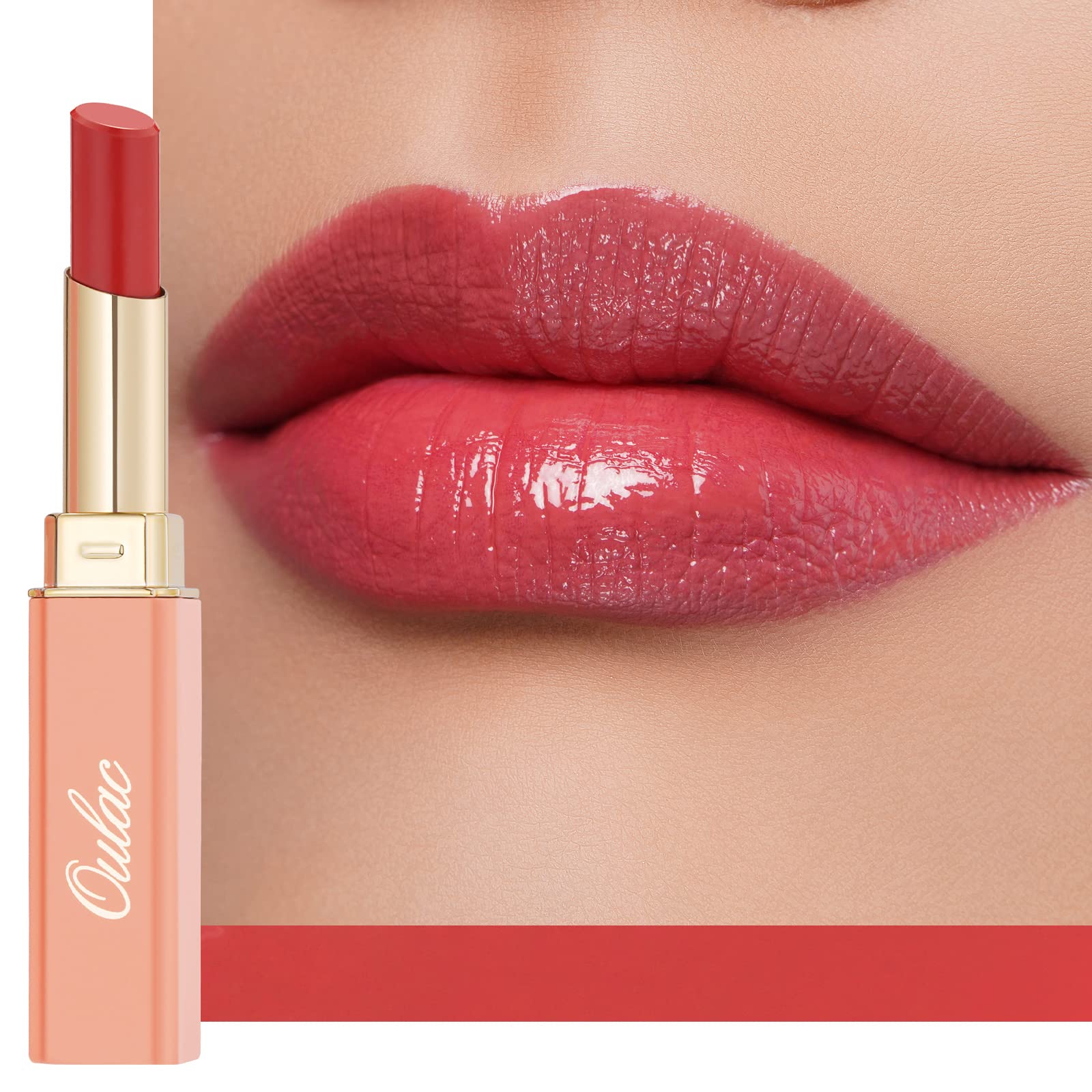 Oulac apple red front compact showing sleek tube and glossy cap benefit travel-ready