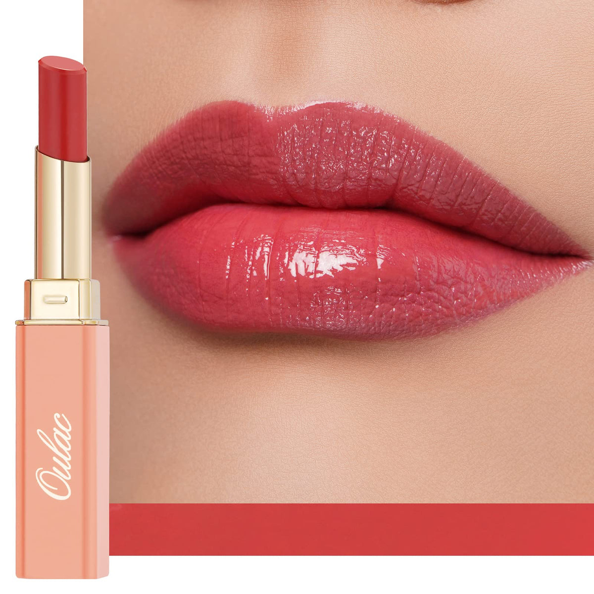 Oulac apple red front compact showing sleek tube and glossy cap benefit travel-ready