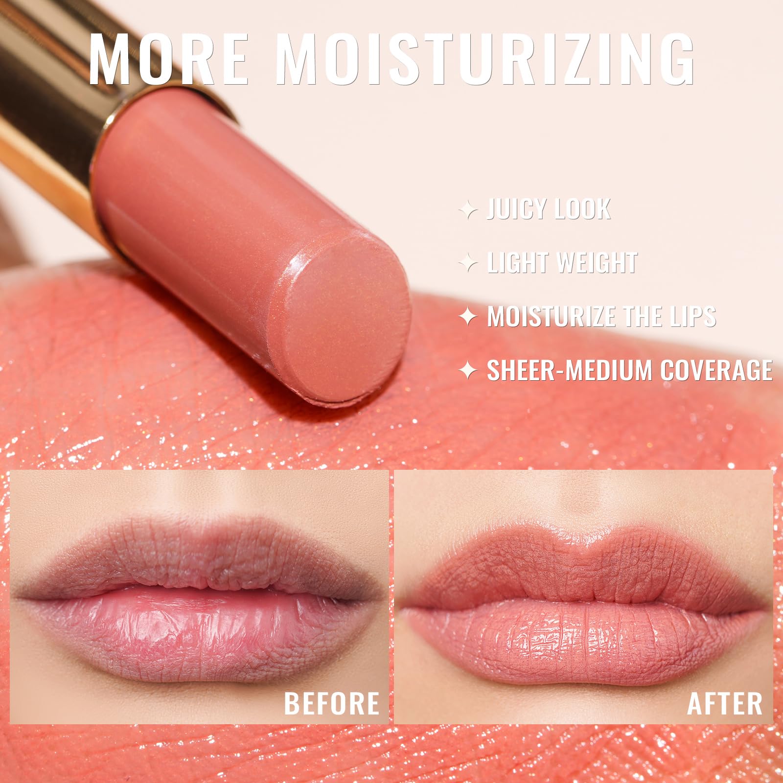 Oulac applied on lips demonstrating juicy color payoff and luminous benefit