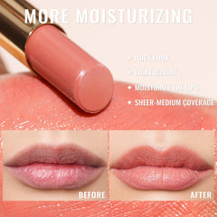 Oulac applied on lips demonstrating juicy color payoff and luminous benefit