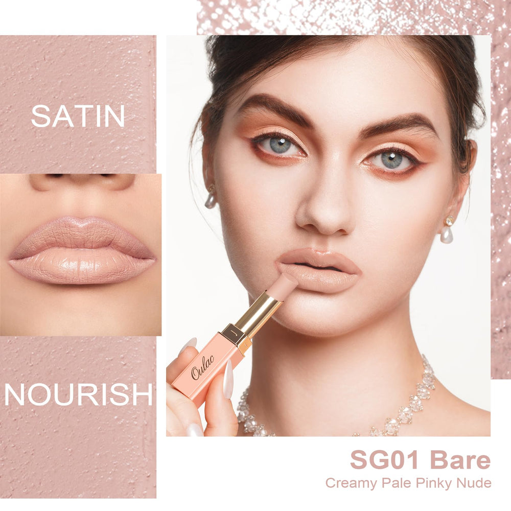 Oulac close-up of lipstick bullet revealing creamy satin-matte texture and smooth finish