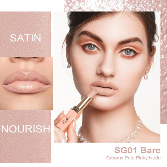 Oulac close-up of lipstick bullet revealing creamy satin-matte texture and smooth finish