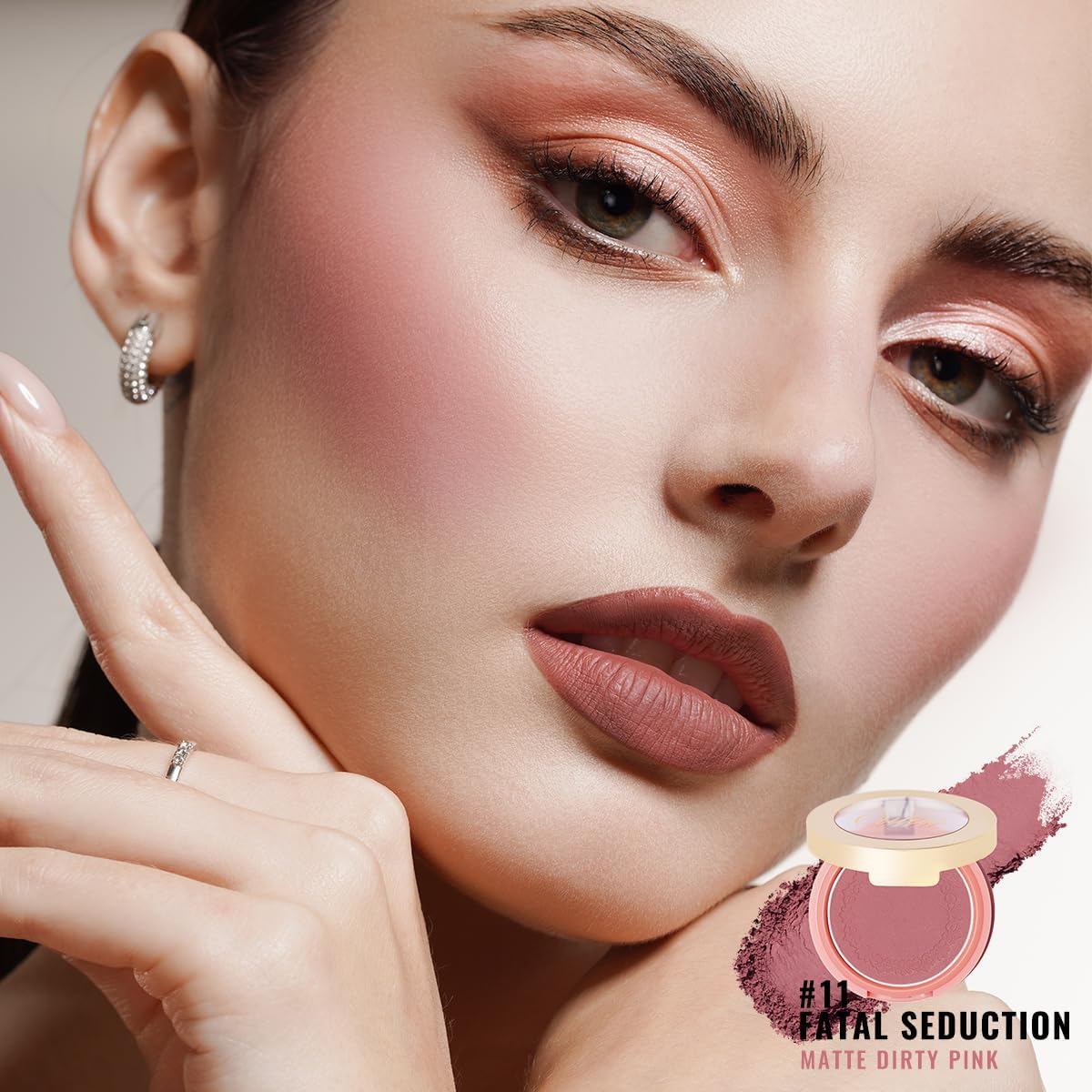 Oulac blush applied on model cheeks demonstrating cool-toned natural definition