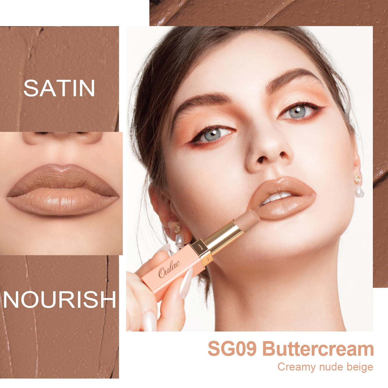 Oulac lipstick applied on lips demonstrating smooth, full-coverage finish