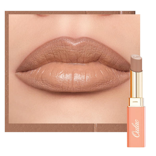 Oulac lipstick tube front view showing shade and sleek design for easy carry