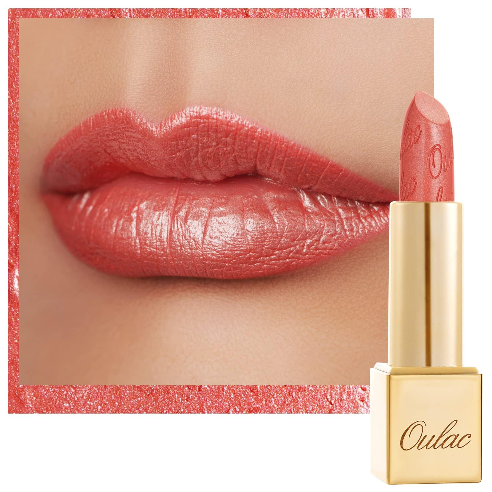 Oulac coral pink front packaging showing shade and luxe tube