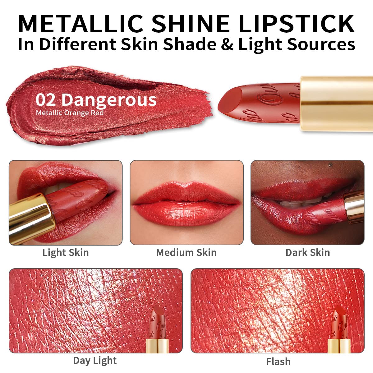 Oulac Dangerous(02) model wearing lipstick in evening setting showcasing luminous high-impact color