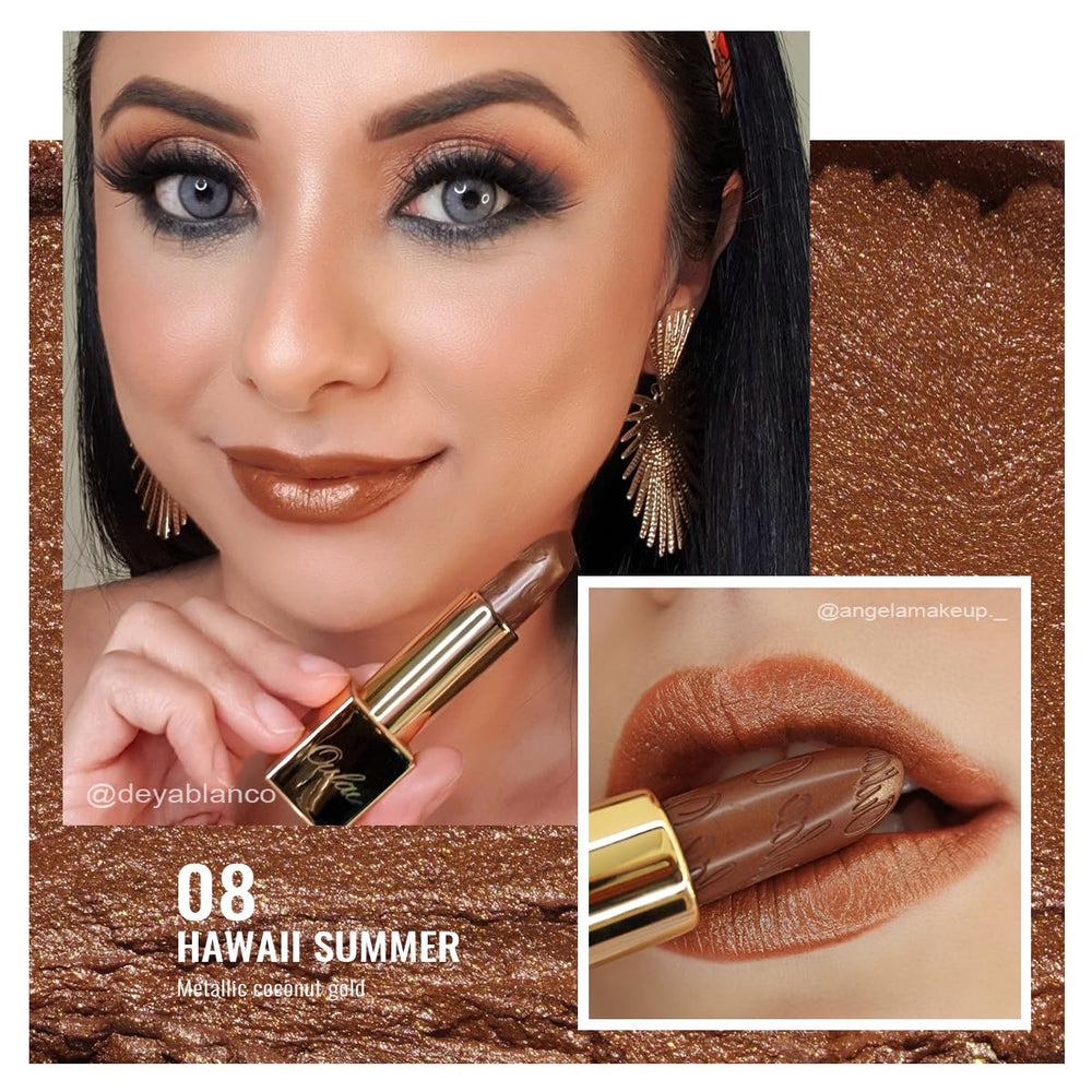 Oulac lipstick texture closeup highlighting creamy shimmer and smooth application