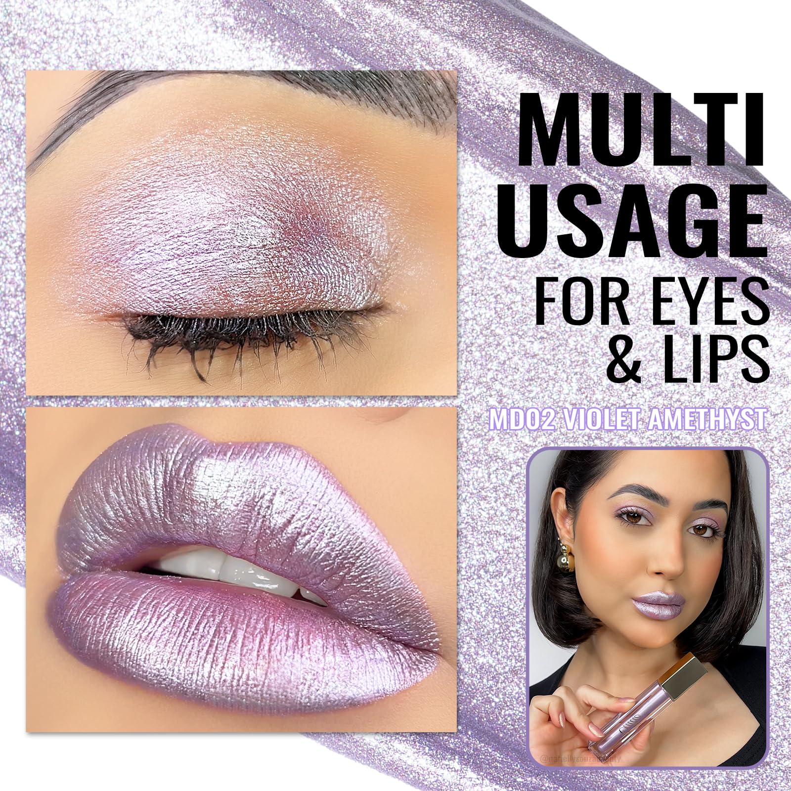Oulac applied on eyelid to show dual-use metallic sheen and blendability