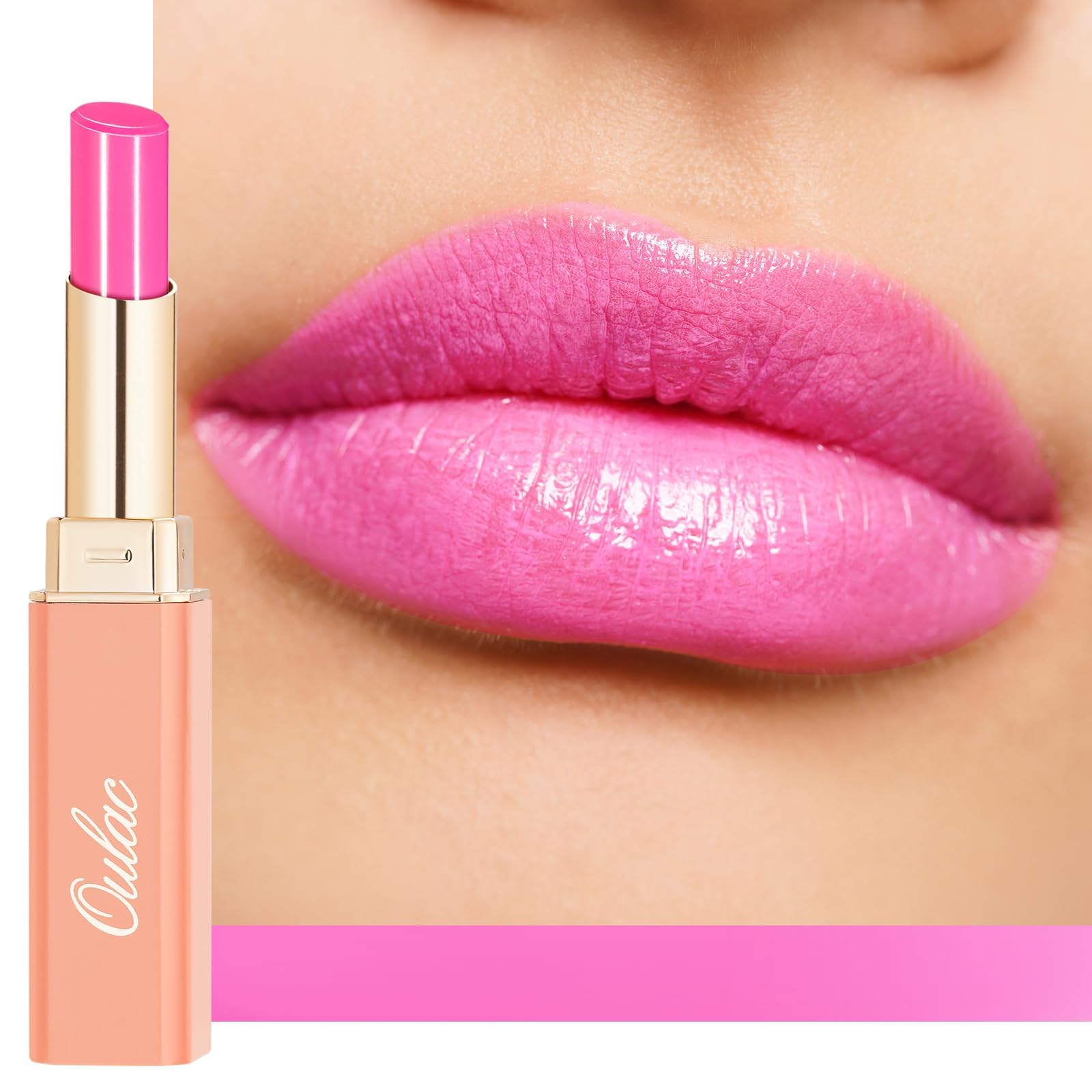Oulac front packaging showing bright pink shade and compact size benefits