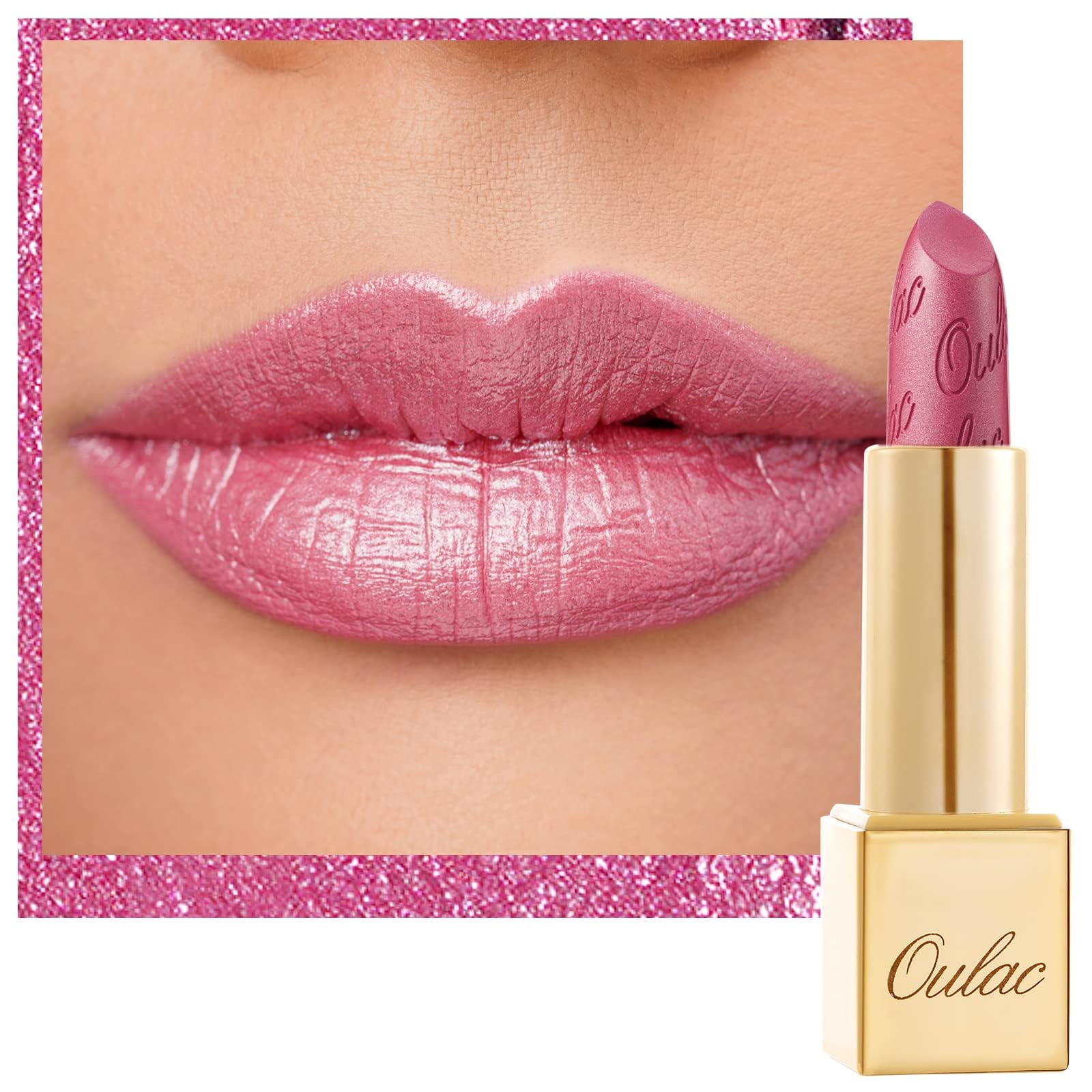Oulac front packaging showing pink metallic shade and luxurious tube benefit portability