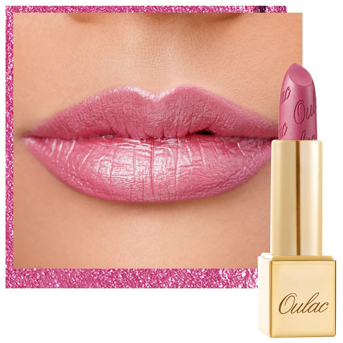 Oulac front packaging showing pink metallic shade and luxurious tube benefit portability